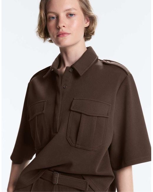 Oysho Brown Utility Short-Sleeve Sweatshirt With Cotton Piqué
