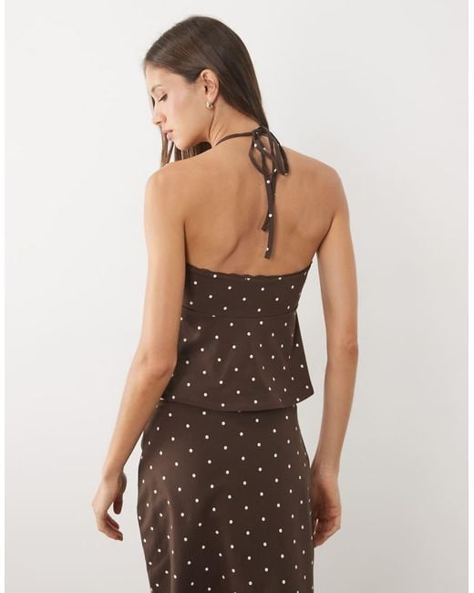 Miss Selfridge Brown Rib Halterneck Top With Lace Trim