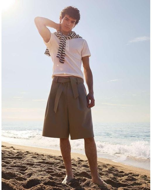 Bershka Brown Wide-leg Bermuda Shorts With Belt for men