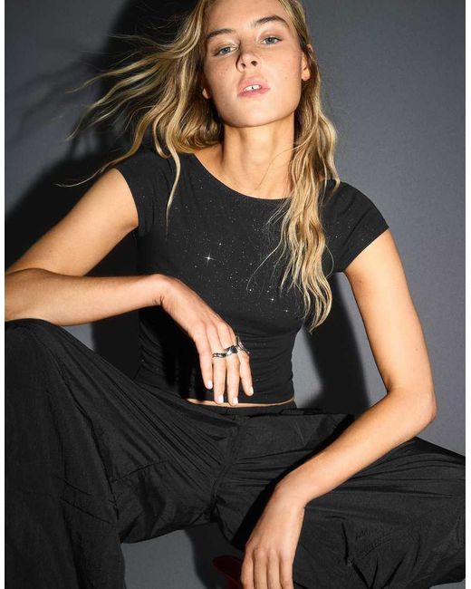 Bershka Black Boat Neck T-shirt With Knot Back