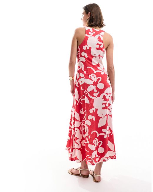 ASOS Red Button Down Linen Midi Dress With Full Skirt Abstract Print