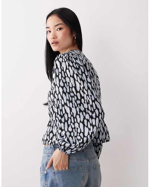 Wednesday's Girl Black Tie Detailing Long Sleeve Smudged Dots Blouse