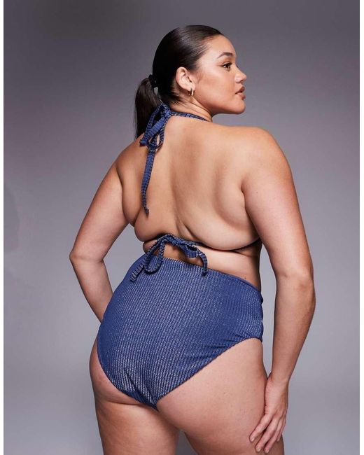 ASOS Blue Asos Design Curve Riddy Azores Glitter Rib High-waist High-leg Bikini Bottom