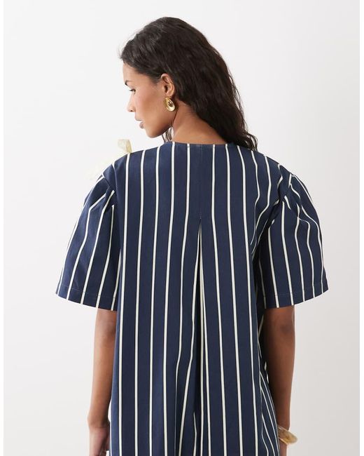 Ghospell Blue Triple Bow Short Sleeve Mini Dress