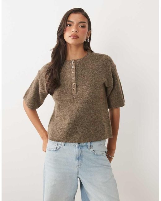 Nobody's Child Brown Knitted Crew Neck Short Sleeve Relaxed Fit Henley Tee