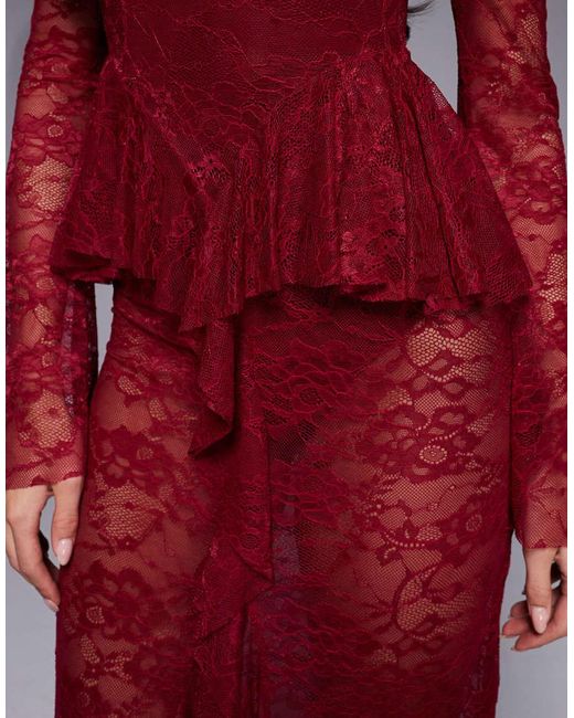 ASOS Red High Neck Sheer Lace Maxi Dress With Peplum Detailing And Body Suit Lining