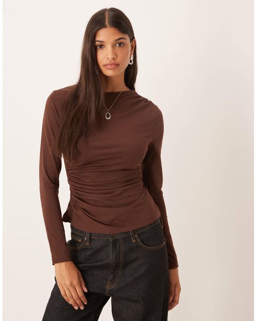 Top en coton froncé à manches longues - chocolat ASOS en coloris Brown