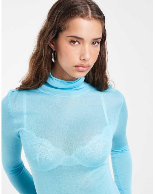 ASOS Blue Sheer Second Skin Knit Roll Neck Top