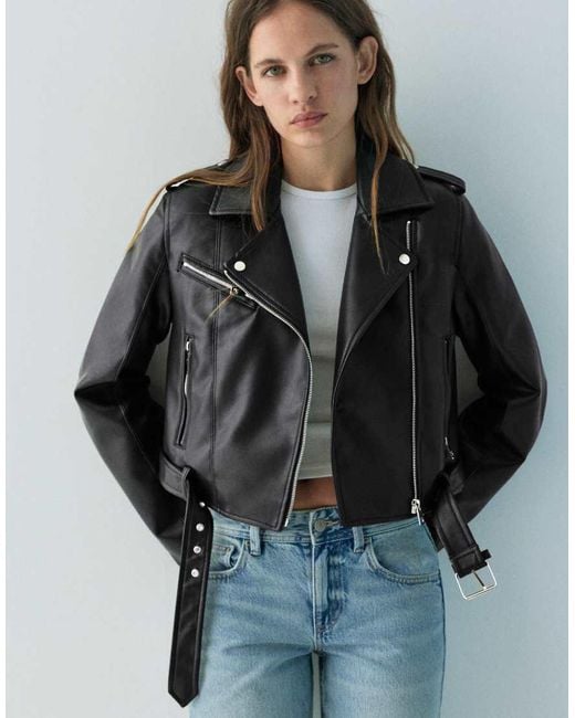 Pull&Bear Black Leather Effect Biker Jacket
