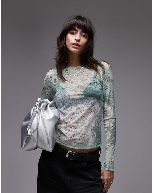 & Other Stories Gray Mesh Long Sleeve Top