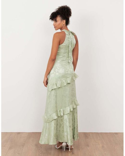 Maya Green Floral Jacquard Satin Halter Neck Maxi Dress