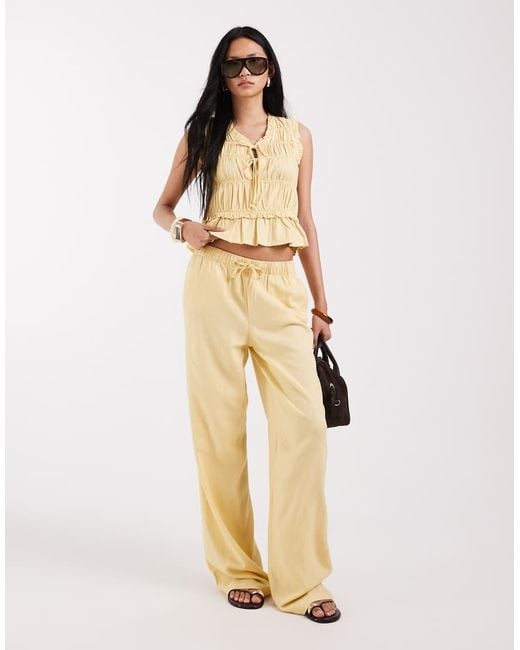 ONLY Natural Linen Blend Tie Front Ruched Top Co-ord