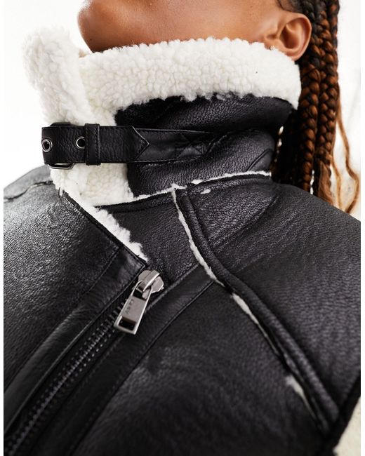 ONLY Black Faux Leather Aviator Vest With Shearling Trims