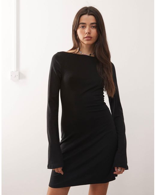 Weekday Boat Neck Long Sleeve Mini Dress in Black | Lyst