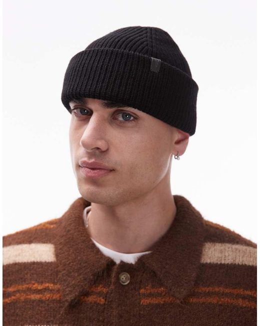 AllSaints Blue Merino Wool Fisherman Beanie for men