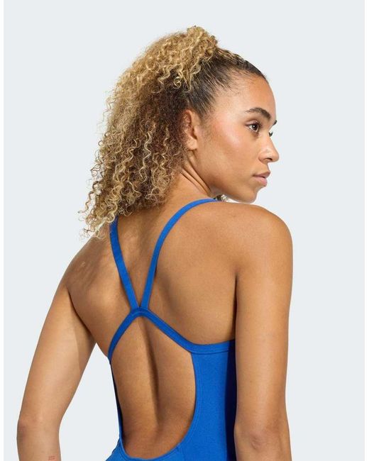 Adidas Blue Thin Straps V-Back Swimsuit