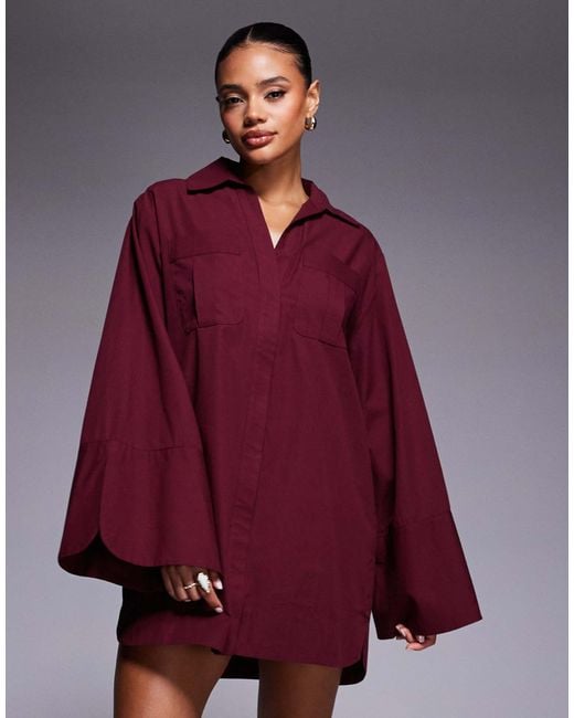ASOS Red Mini Shirt Dress With Wide Cuffs And Oversized Pockets