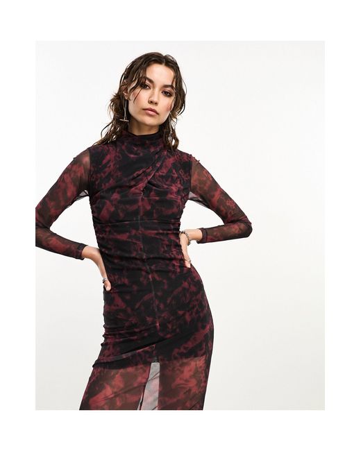 AllSaints Multicolor X Asos Exclusive Tia Mesh Long Sleeve Midi Dress