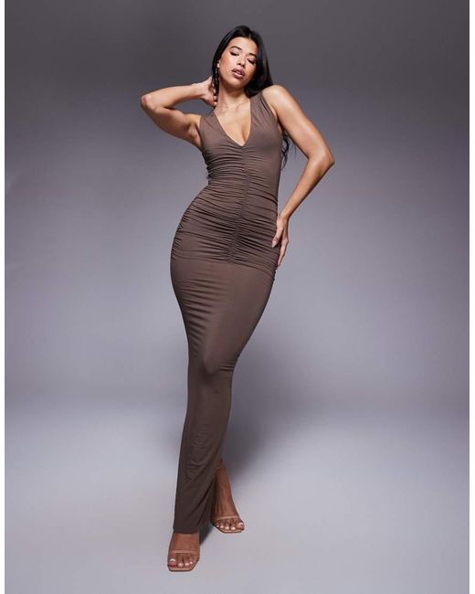 Wanderdoll Purple Tate Sculpting Second Skin Plunge Neck Ruched Detail Sleeveless Maxi Dress