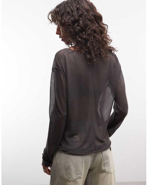 Weekday Brown Slash Neck Sheer Knit Top With Front Seam Detail