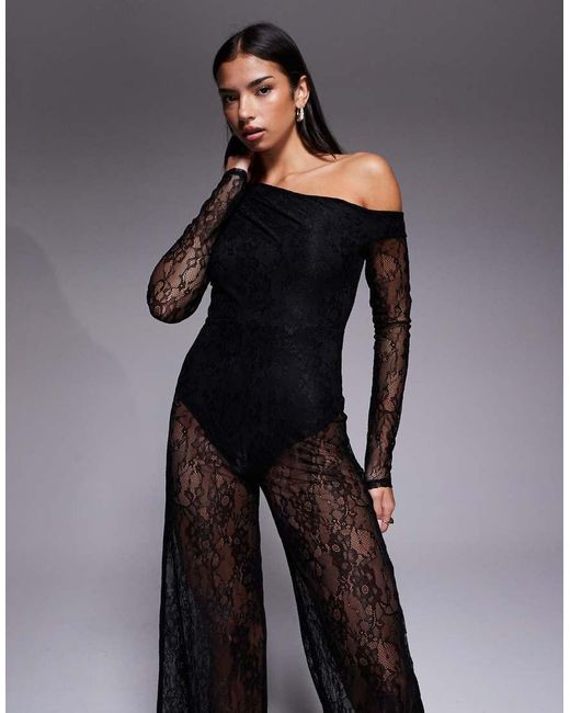 ASOS Blue Lace Wide Legged Jumpsuit With Body Suit Lining And Open Back