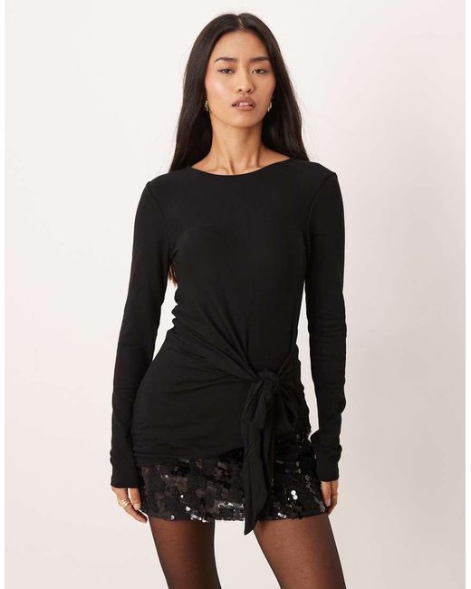Gina Tricot Black Long Sleeve Asymmetric Tie Front Top