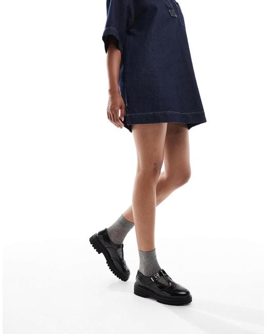 SEQWL Wide Fit Black Jeep Mary Jane Shoes With Broguing Detail