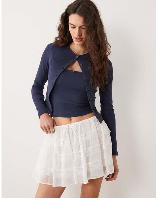 Miss Selfridge Blue Lace Mix Ruffle Mini Shorts