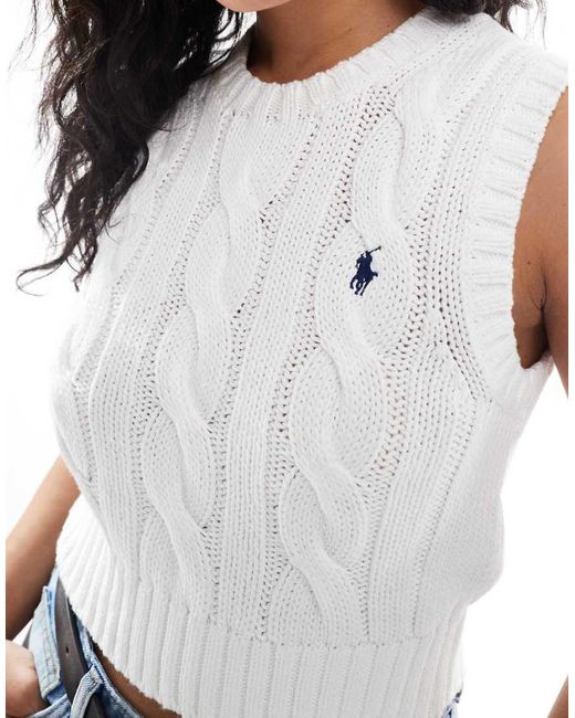 Polo Ralph Lauren White Cable Knit Sleeveless Jumper With Logo