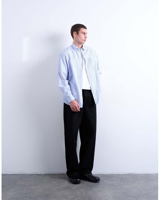 Topman White Oversized Fit Stripe Shirt With All Over Distressing for men