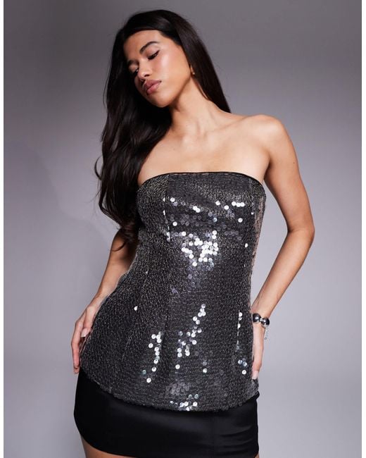 ASOS Black Premium Structured Sequin Peplum Hem Bandeau Top
