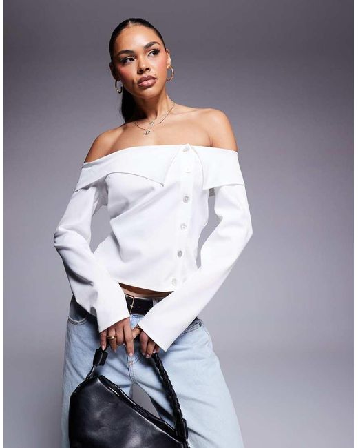 ASOS Blue Off Shoulder Button Through Top
