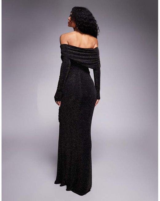 Goddiva Blue Off The Shoulder Gathered Panel Sparkle Maxi Dress