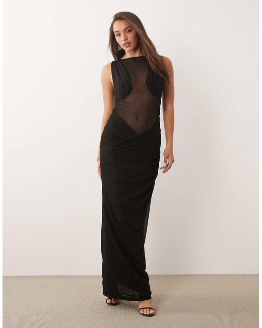 Missy Empire Black Double Sculpted Slinky High Neck Mesh Front Maxi Dress