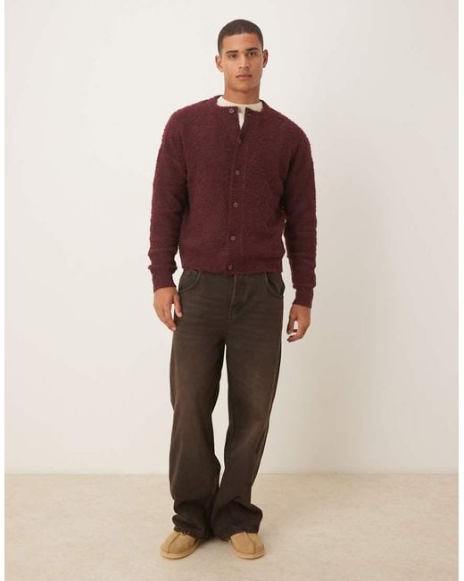 ASOS Red Relaxed Knit Boucle Crew Neck Cardigan for men