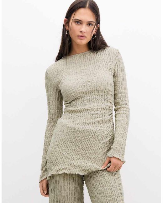 Pull&Bear Natural Textured Long Sleeve Asymmetric Top Co-ord