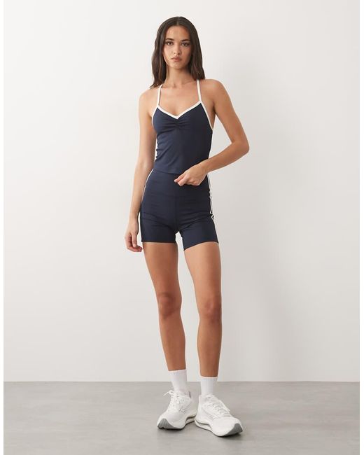 4505 Blue Active Ruched Front Singlet With Inner Bra And Contrast Piping