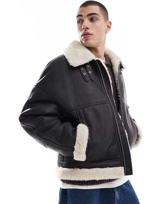 Bershka Black Faux Leather Aviator Jacket for men