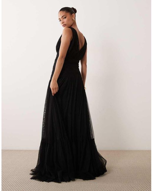 LACE & BEADS Black Bridesmaid Tulle Sleeveless Dropped Waist Tiered Hem Maxi Dress