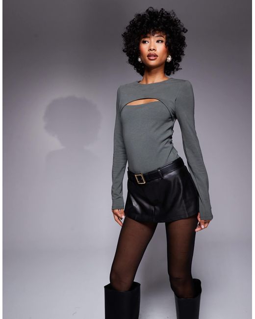 ASOS Gray Long Sleeve Bodysuit With Slash Cut Out
