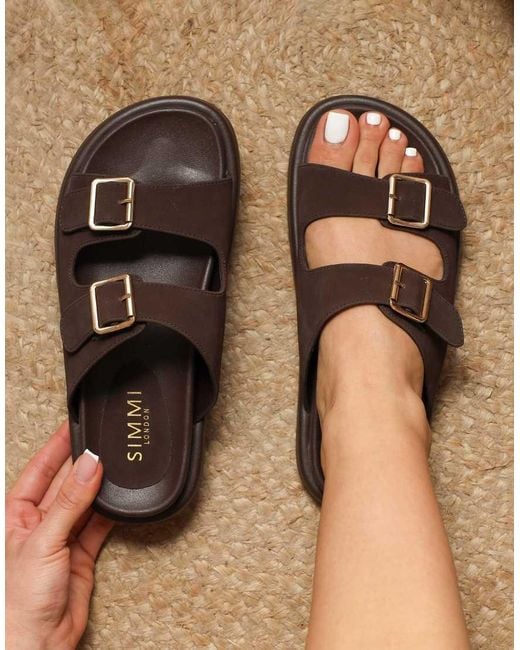 SIMMI Brown Jesselyn Buckle Chunky Flat Sandals