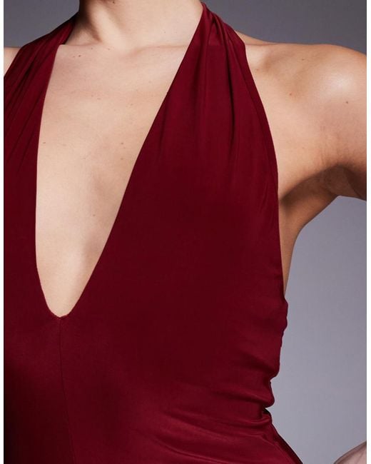 Fashionkilla Red Exclusive Double Sculpted Slinky Plunge Halterneck Godet Hem Maxi Dress