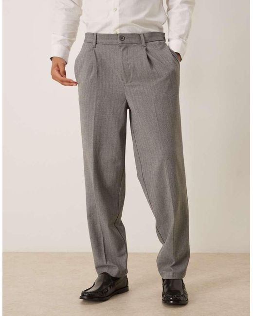 ASOS Gray Oversized Tapered Wool Look Trousers With Pleat Detail for men