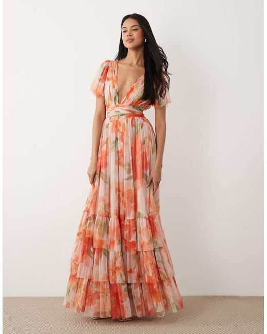 LACE & BEADS Orange Madison Tulle Flutter Sleeve Deep V Maxi Dress