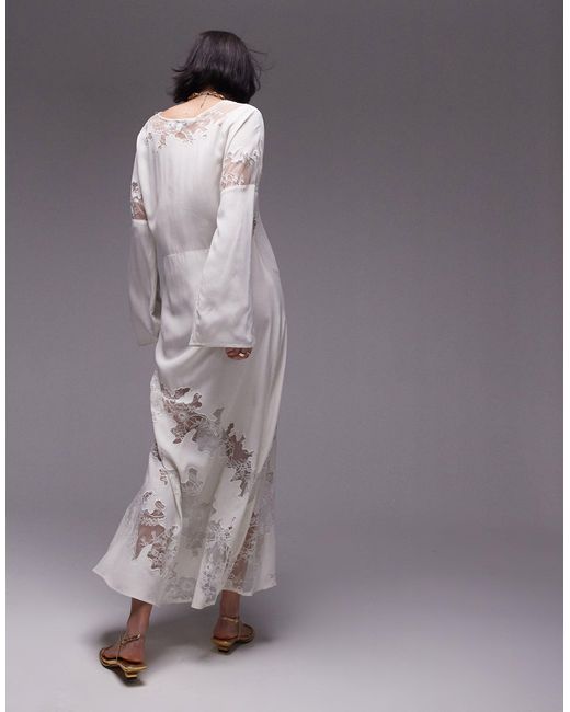 Premium - robe longue à col v avec empiècement en dentelle - ivoire TOPSHOP en coloris Gray