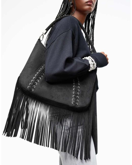 Bershka Black Fringed Faux Suede Bag With Eyelets