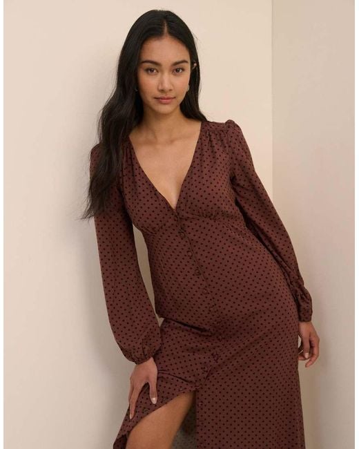 Nobody's Child Brown V Neck Balloon Sleeve Button Front Midi Dress
