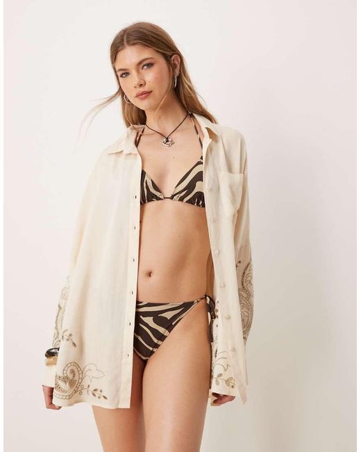 ASOS Natural Blake Broderie Linen Blend Oversized Beach Cover Up Shirt
