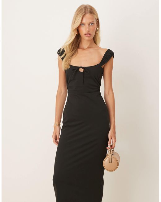 ASOS Natural Ruched Cap Sleeve Tie Front Midi Dress