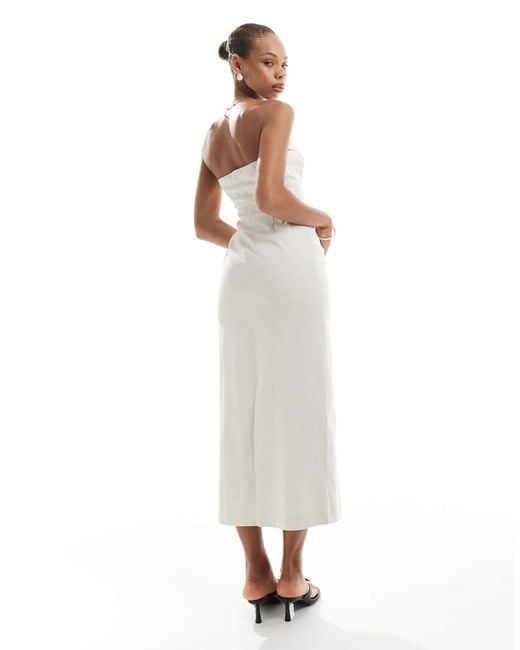 4th & Reckless White Linen Blend Bandeau Foldover Gold Button Detail Maxi Dress